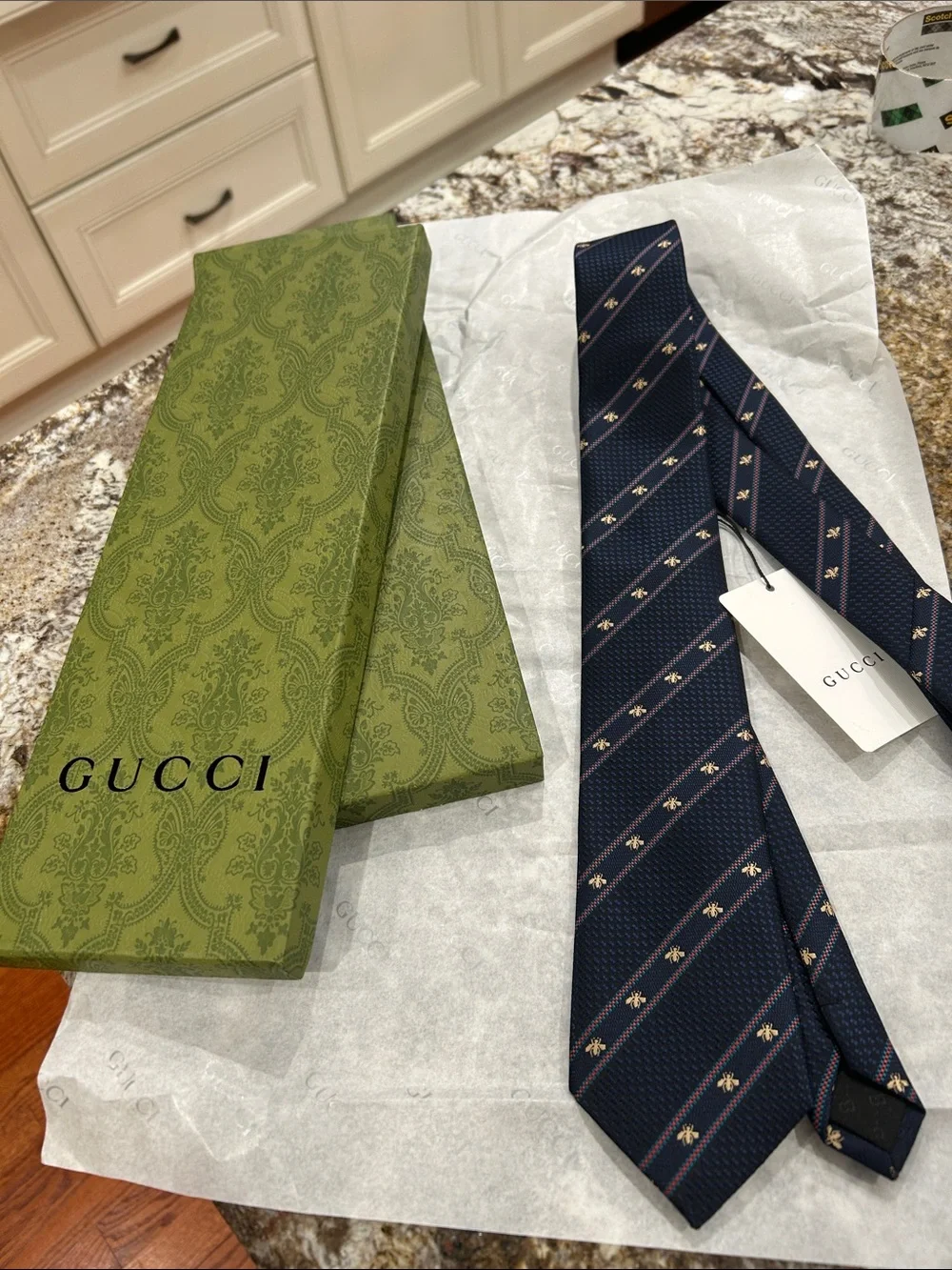 Gucci Navy Silk Diagonal Stripe Tie with Bee Pattern